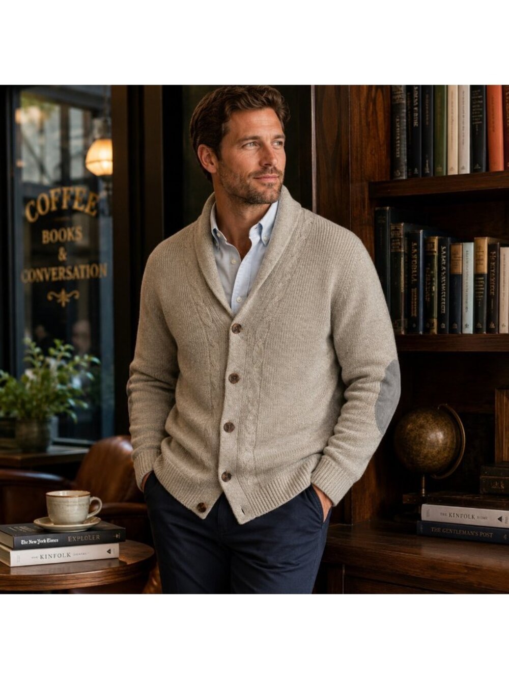 Joseph Abboud Mens L Wool Blend Cardigan Sweater Shawl Collar Elbow Patch Beige